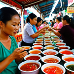 **Image Prompt:** A vibrant Thai market scene showcasing various local fermented fish sauces ("Nam Pla," "Pla Ra," "Nam Budu") in traditional containers.  Focus on the colorful packaging and displays, with shoppers interacting and sampling the products.  Emphasize the unique regional character of each sauce.