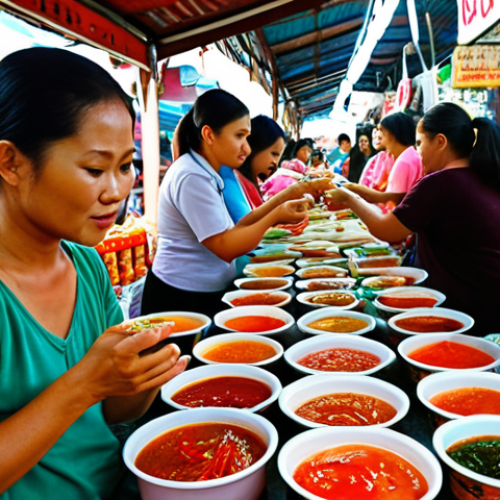 Home 11 **Image Prompt:** A vibrant Thai market scene showcasing various local fermented fish sauces ("Nam Pla," "Pla Ra," "Nam Budu") in traditional containers. Focus on the colorful packaging and displays, with shoppers interacting and sampling the products. Emphasize the unique regional character of each sauce.