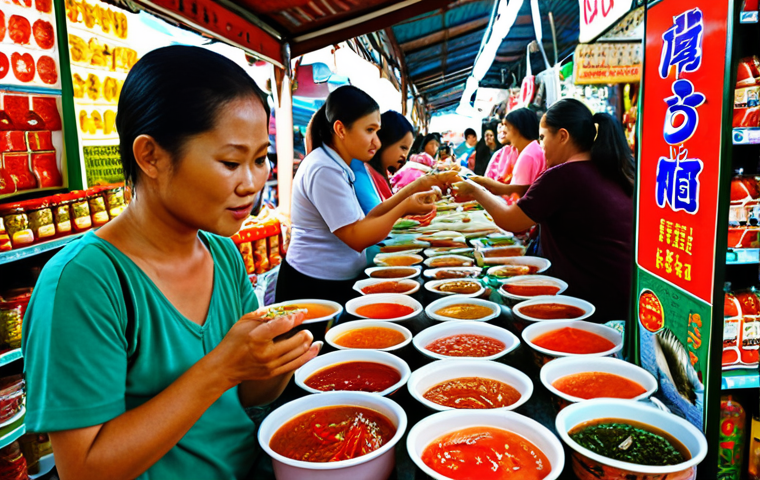 **Image Prompt:** A vibrant Thai market scene showcasing various local fermented fish sauces ("Nam Pla," "Pla Ra," "Nam Budu") in traditional containers.  Focus on the colorful packaging and displays, with shoppers interacting and sampling the products.  Emphasize the unique regional character of each sauce.
