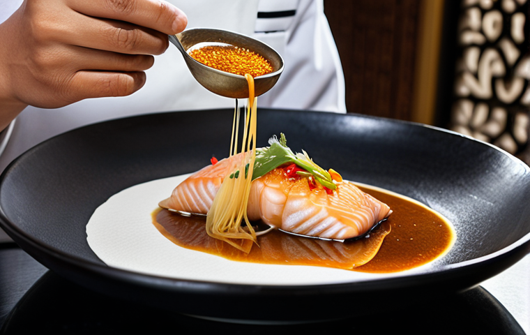 **Image Prompt:** A Michelin-star chef meticulously preparing a dish with Rayong fish sauce, showcasing its golden-brown color and unique aroma. The dish could be a modern Thai interpretation, highlighting the complex flavors the fish sauce brings to the dish.