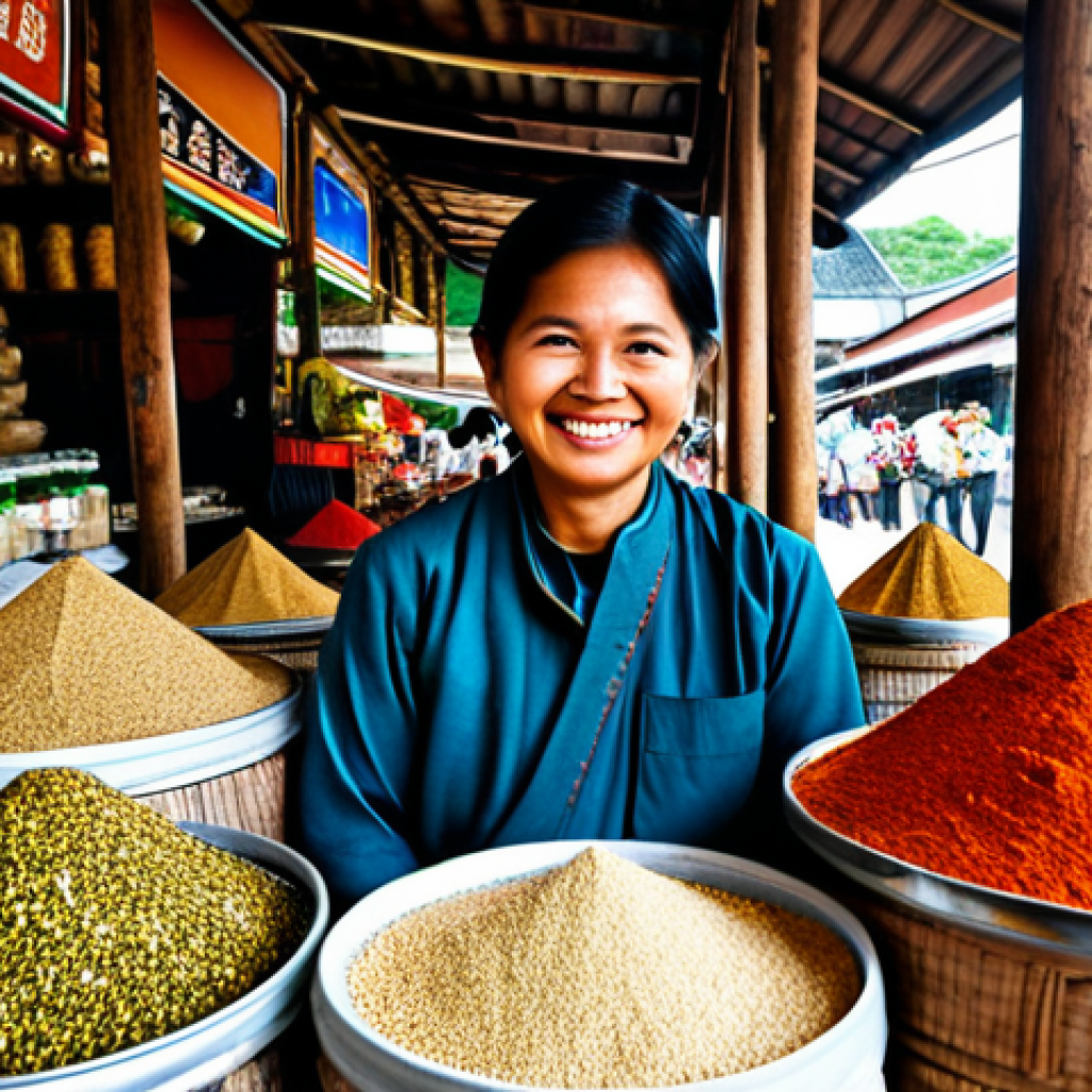 전통 조미료의 판매 채널 분석 - **
"A busy market scene in Thailand, showcasing a vibrant spice vendor's stall. Jars and sacks over...