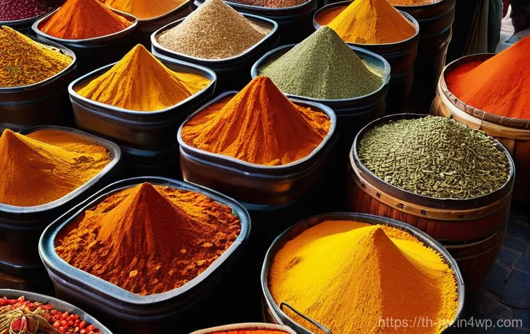 세계 각국의 전통 조미료 특징 - **Prompt 1: Bustling Middle Eastern Spice Market**
"A vibrant, high-angle wide shot of a bustlin...