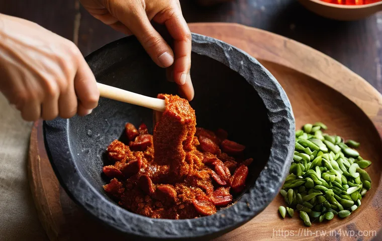 전통 조미료로 만드는 건강식 - **"A vibrant and artfully arranged close-up of a traditional Thai culinary workstation. The focal po...