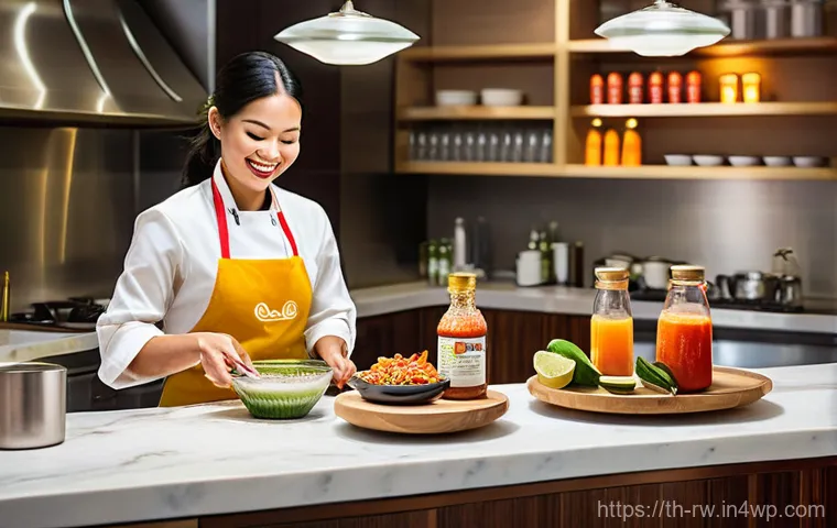 전통 조미료의 글로벌화 현상 - **A modern, brightly lit kitchen scene filled with diverse individuals from various ethnic backgroun...