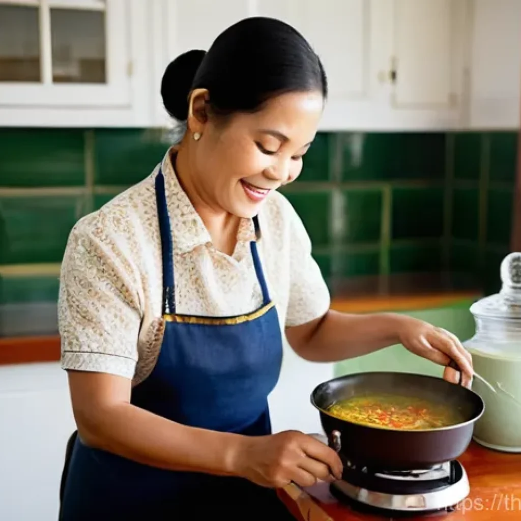 전통 조미료의 가격대와 소비자 선호도 - **Prompt:** A warm and inviting scene inside a traditional Thai home kitchen. A Thai woman in her la...