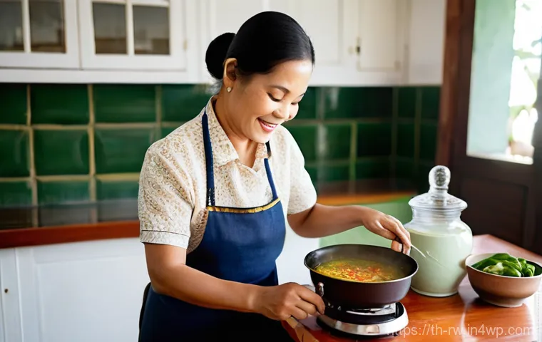 전통 조미료의 가격대와 소비자 선호도 - **Prompt:** A warm and inviting scene inside a traditional Thai home kitchen. A Thai woman in her la...