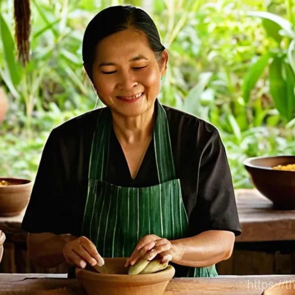 전통 조미료의 맛과 향의 조화 - **Prompt:** A heartwarming, realistic photograph of a Thai woman, possibly a grandmother, in a tradi...