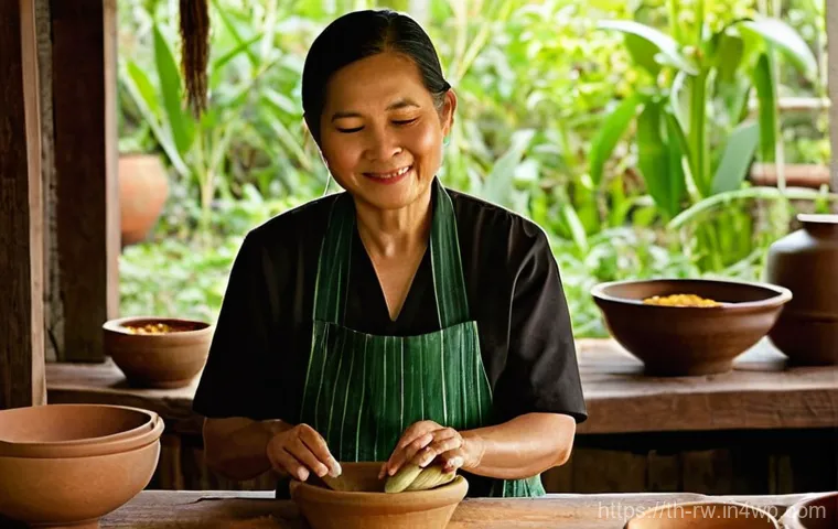 전통 조미료의 맛과 향의 조화 - **Prompt:** A heartwarming, realistic photograph of a Thai woman, possibly a grandmother, in a tradi...