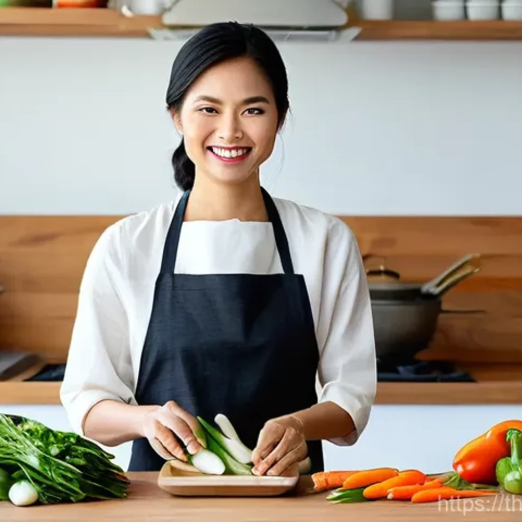 전통 조미료의 미래 전망 - **Prompt:** A vibrant, sunlit modern Thai kitchen. A smiling Thai woman in her early 30s, dressed in...