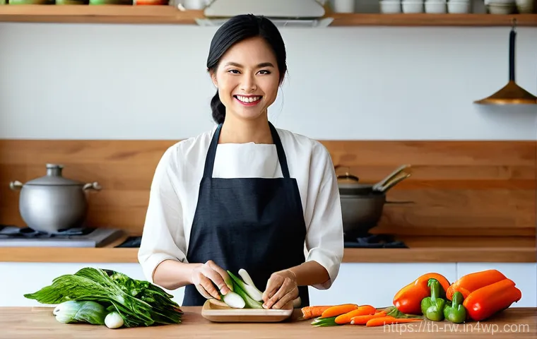 전통 조미료의 미래 전망 - **Prompt:** A vibrant, sunlit modern Thai kitchen. A smiling Thai woman in her early 30s, dressed in...