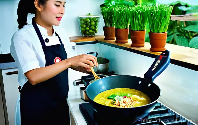 전통 조미료의 미래 전망 - **Prompt:** A vibrant, sunlit modern Thai kitchen. A smiling Thai woman in her early 30s, dressed in...