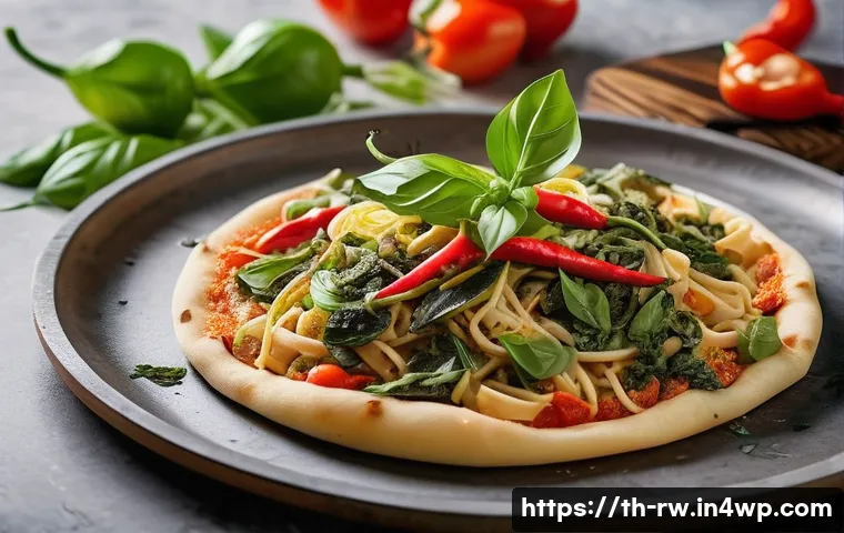 전통 조미료와 국제 요리의 접목 - A vibrant fusion kitchen scene showcasing a chef expertly blending Thai and Italian cuisines: fresh ...