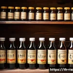 Home 19 전통 조미료의 저장 및 보관 팁 - A rustic Thai kitchen scene featuring neatly arranged glass bottles of fish sauce and soy sauce with...