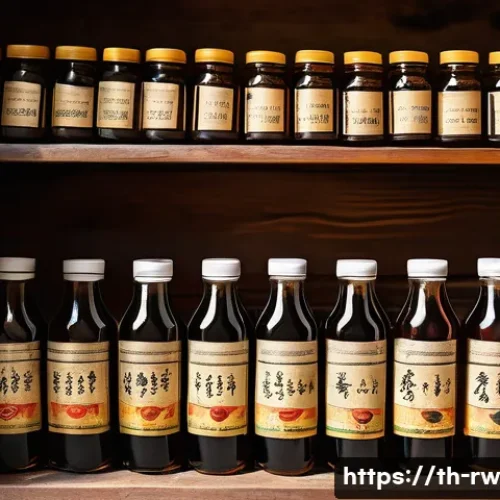 Home 31 전통 조미료의 저장 및 보관 팁 - A rustic Thai kitchen scene featuring neatly arranged glass bottles of fish sauce and soy sauce with...