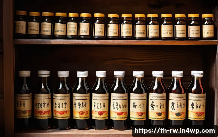 전통 조미료의 저장 및 보관 팁 - A rustic Thai kitchen scene featuring neatly arranged glass bottles of fish sauce and soy sauce with...