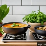 Home 18 비건을 위한 전통 조미료 활용 아이디어 - A vibrant Thai vegan kitchen scene showcasing traditional local ingredients: fresh kaffir lime leave...