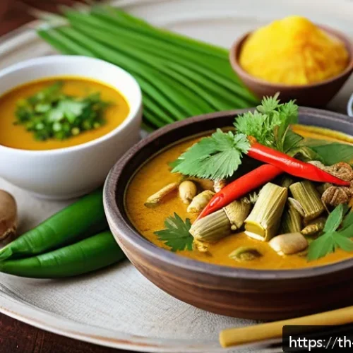 Home 17 전통 조미료의 지역별 인기 요리 - A vibrant northern Thai kitchen scene featuring traditional ingredients and condiments: fresh lemong...