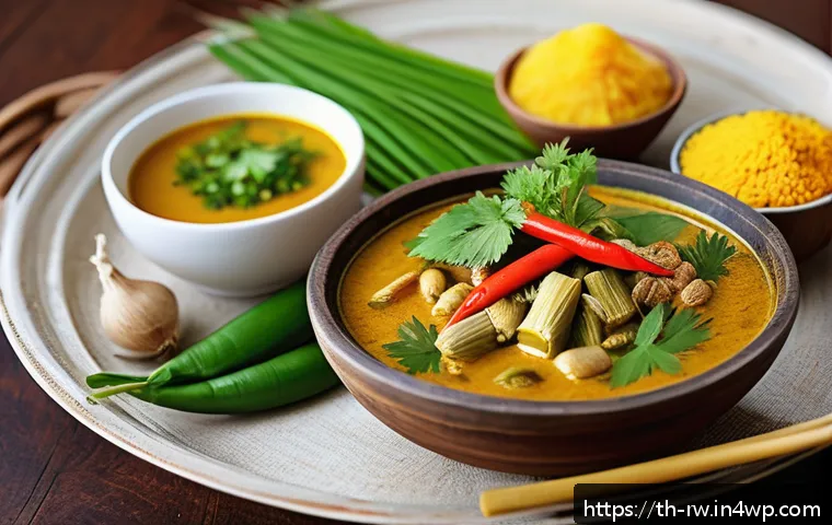 전통 조미료의 지역별 인기 요리 - A vibrant northern Thai kitchen scene featuring traditional ingredients and condiments: fresh lemong...