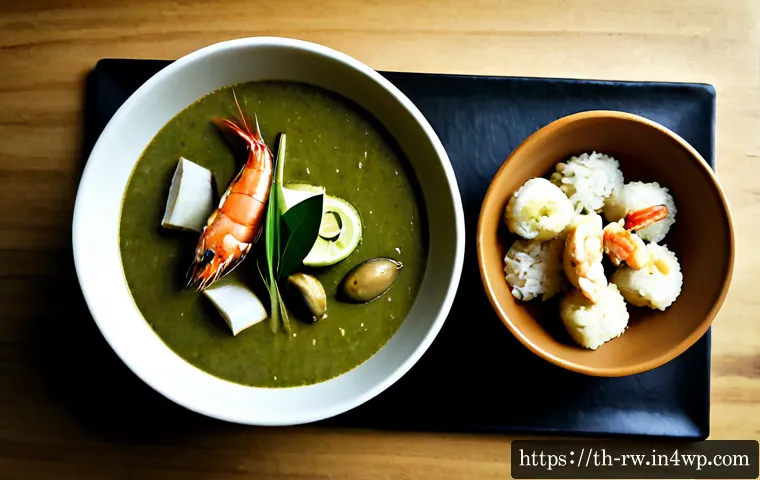 전통 조미료로 만드는 인기 요리 레시피 - Photorealistic Thai home kitchen scene, a popular green curry prepared with traditional seasonings: ...