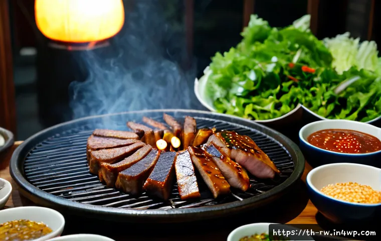 전통 조미료로 만든 한국식 바베큐 - Photorealistic Korean-style barbecue feast made with traditional fermented seasonings, glossy grille...